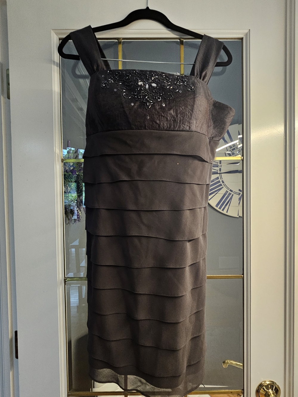SL Fashions Charcoal Tiered Sleeveless Midi Dress with Embellished Bodice